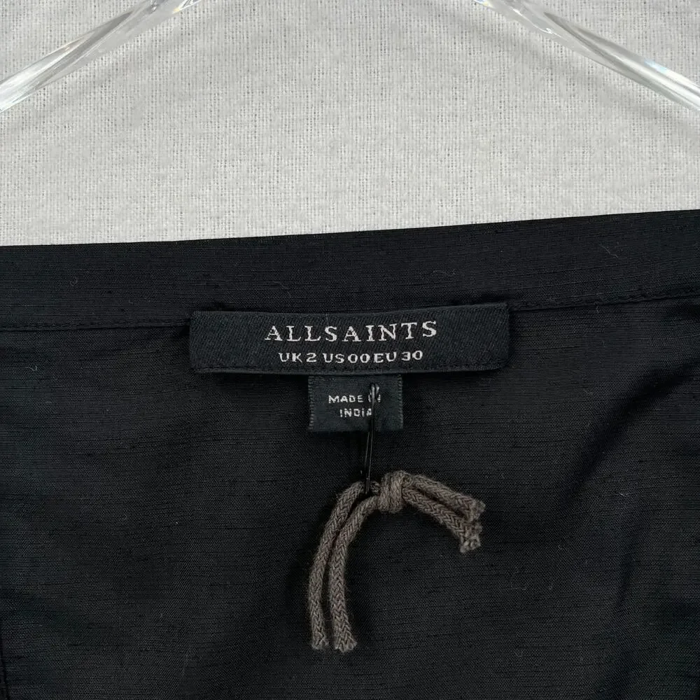 ALLSAINTS Juliette Pintuck Ruffle Top Womens 00 Black Square Neck Balloon Sleeve - Picture 10 of 13